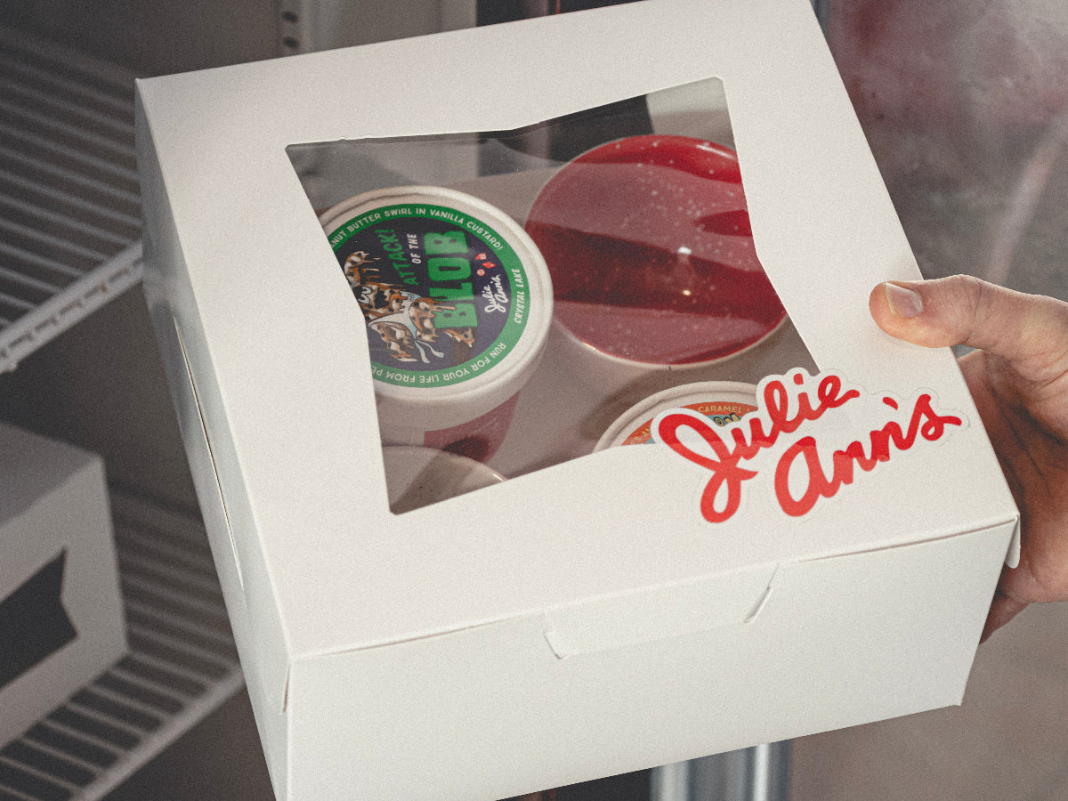 White box with 'Julie Ann's' branding containing gift box.